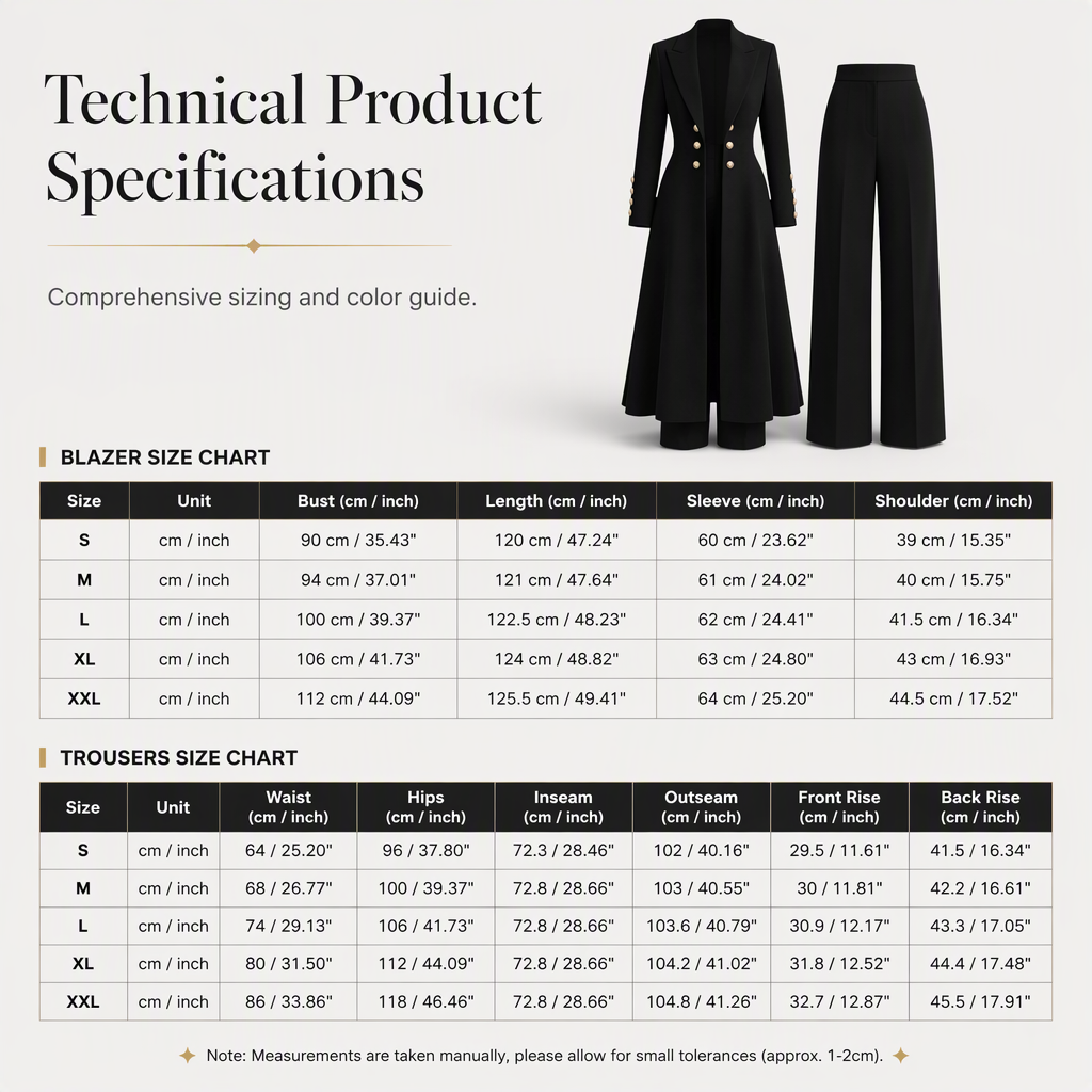 Size chart for the coat and trousers, S to XXL, with measurements in cm and inches