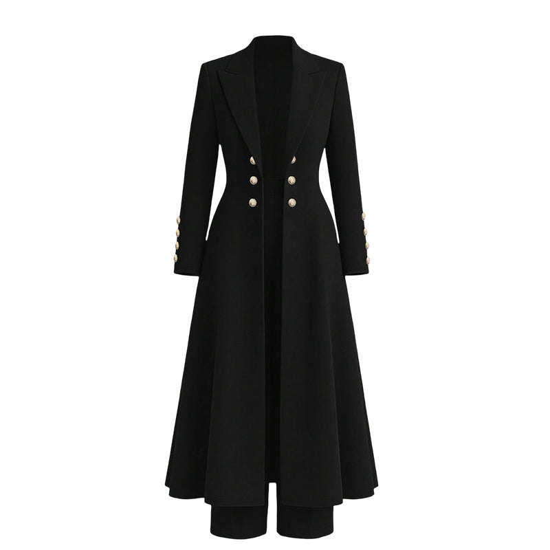 Women's double-breasted longline coat and trousers set in Black