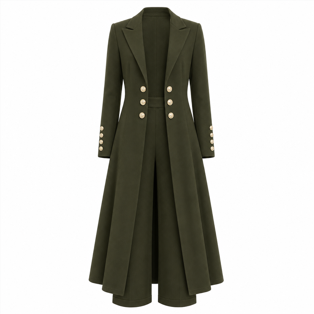 Women's double-breasted longline coat and trousers set in Army green