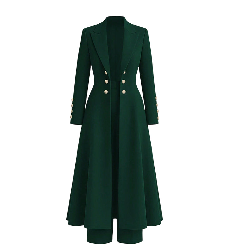 Women's double-breasted longline coat and trousers set in Dark green