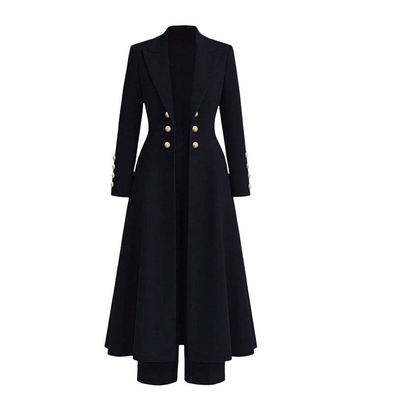 Women's double-breasted longline coat and trousers set in Navy Blue